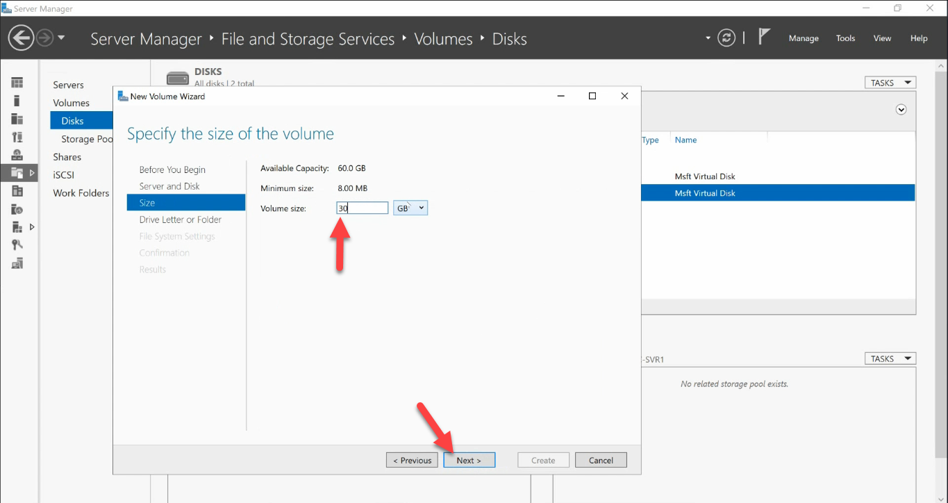 New Volume Wizard size step