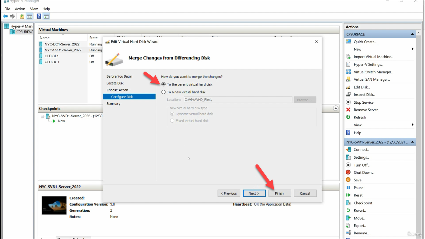 Wizard Merge Changes page To the parent virtual hard disk