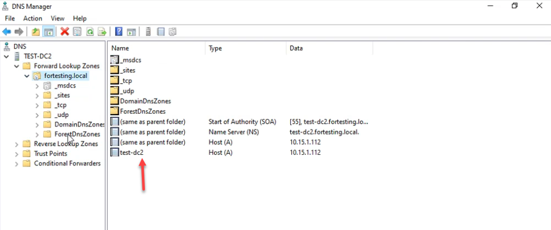 DNS Manager showing fortesting.local zone restored with _msdcs / _sites / _tcp / _udp folders and SOA / NS / A records visible