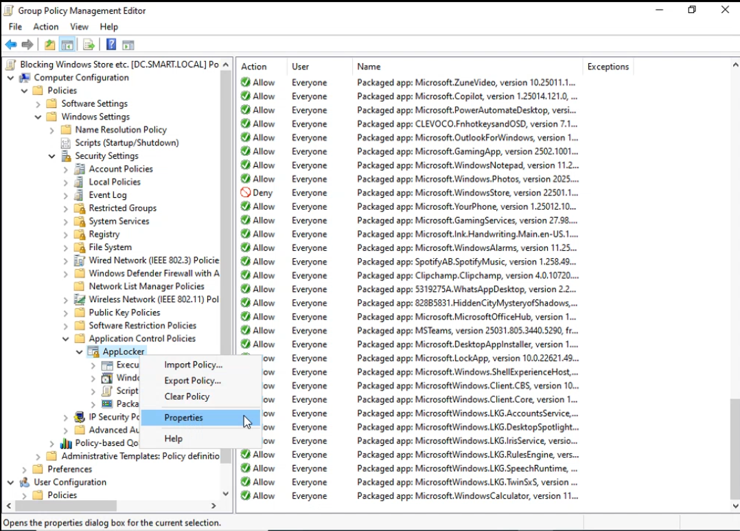 GPO Editor right-click context menu on a single packaged app rule with Properties option highlighted