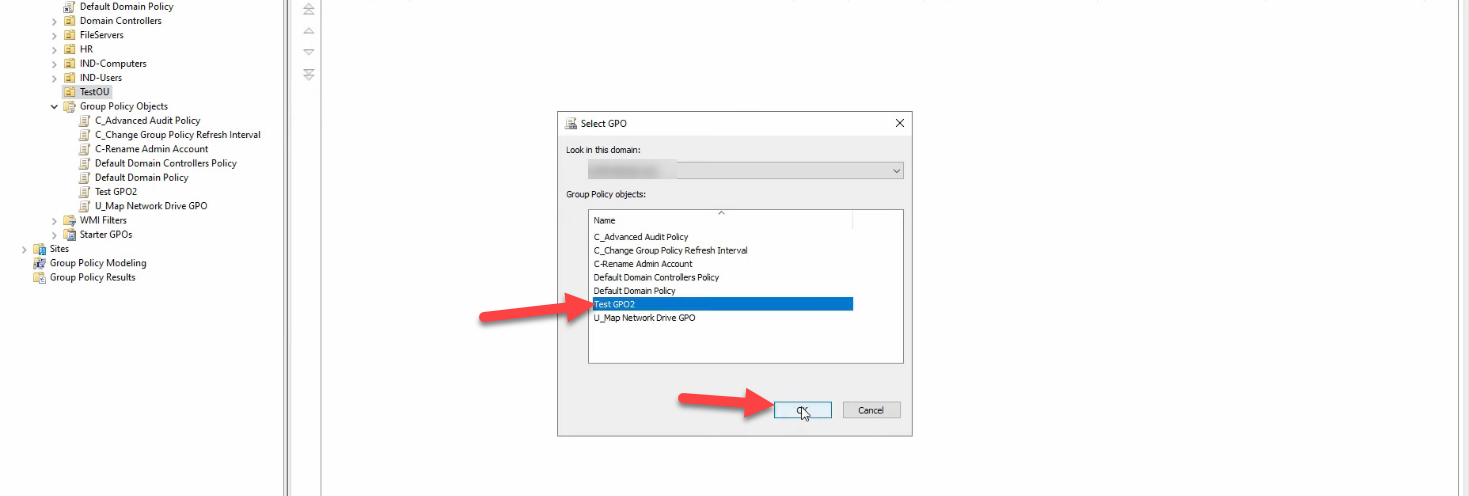 Select GPO dialog showing the list of restored GPOs with Test GPO2 selected