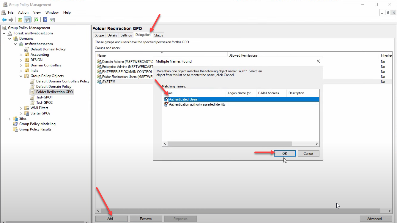 GPO Delegation tab showing Authenticated Users with Read permission.