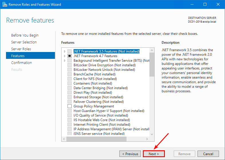 Features page Next button