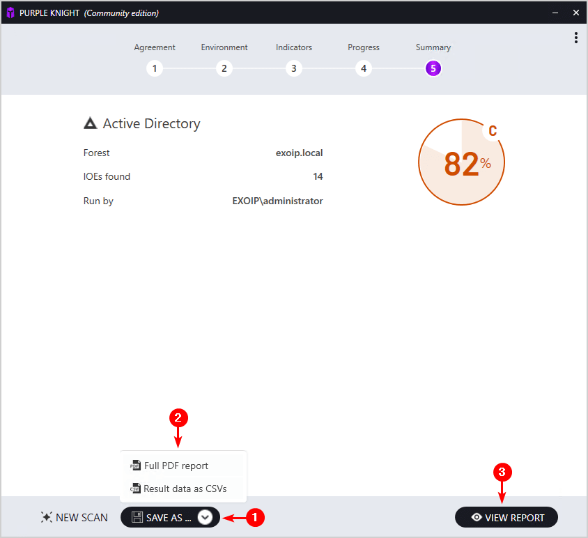 Summary page showing 14 IOEs found and Save As menu