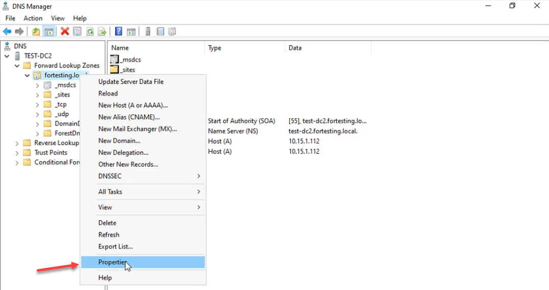 DNS Manager right-click context menu on fortesting.local with Properties highlighted