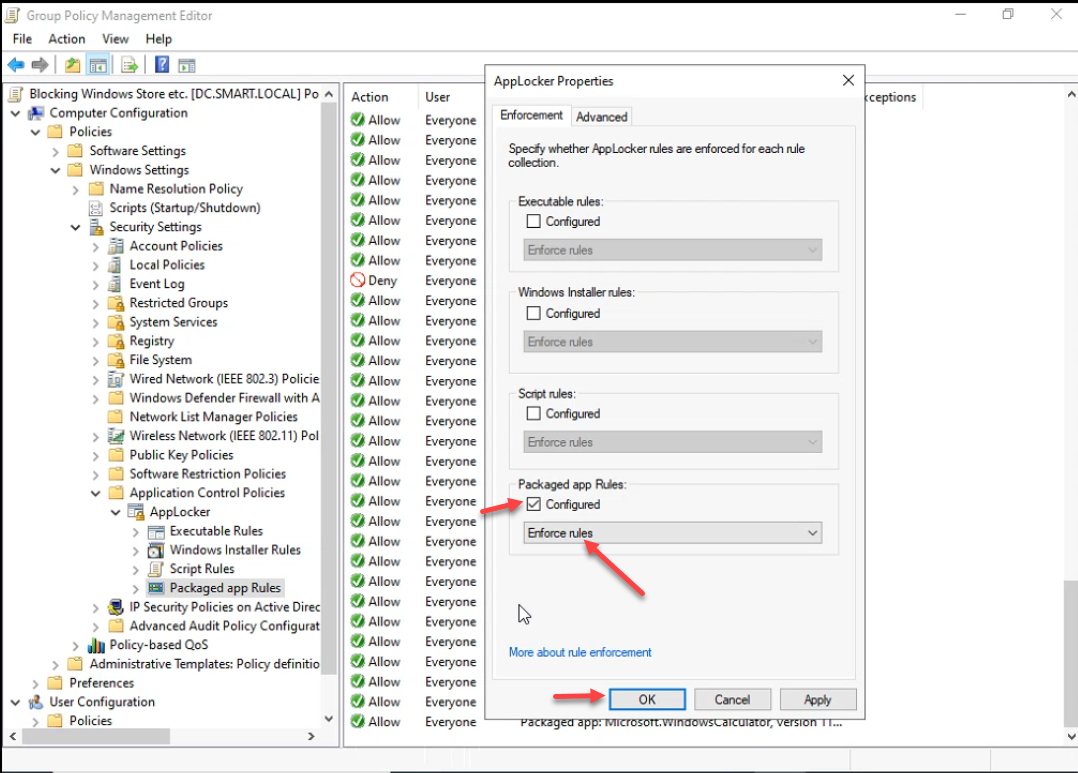AppLocker Properties dialog Enforcement tab with Configured and Enforce rules selected for Packaged app Rules