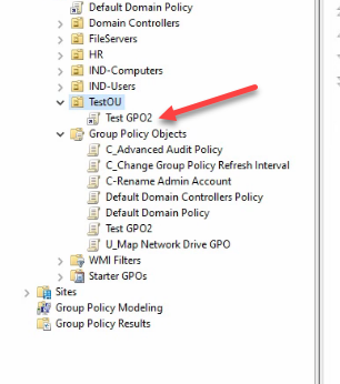 GPMC tree showing TestOU with Test GPO2 linked under it after manual re-link