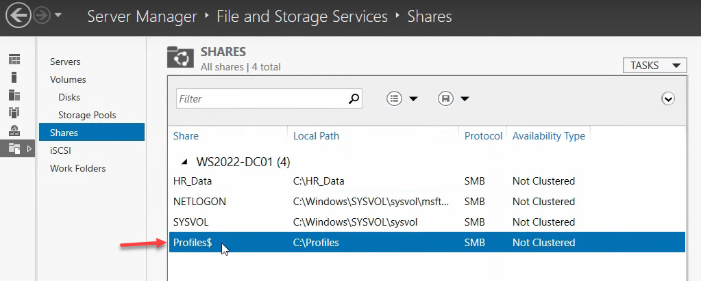 Step 17 of the roaming-profile setup workflow on Windows Server 2022