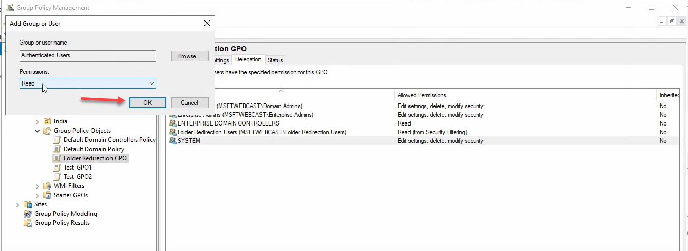 Add Group or User dialog setting Read permission.