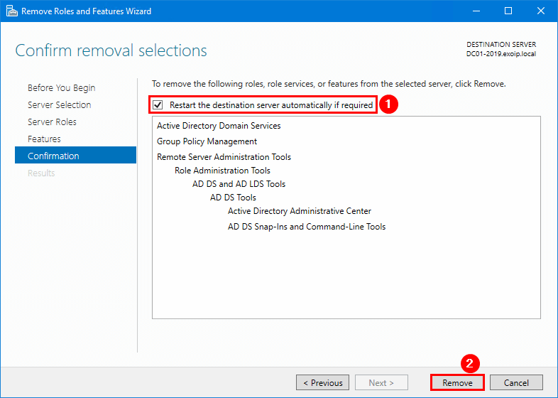 Confirm removal selections page Restart automatically Remove buttons