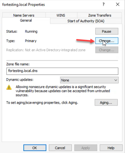 fortesting.local Properties dialog General tab showing Type Primary and the Change button next to it