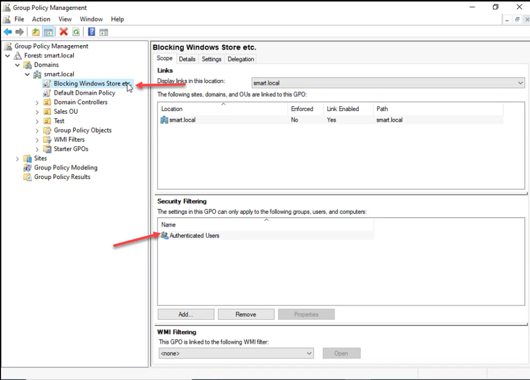 GPO Scope tab showing the Blocking Windows Store etc. GPO linked at smart.local with security filtering set to Authenticated Users