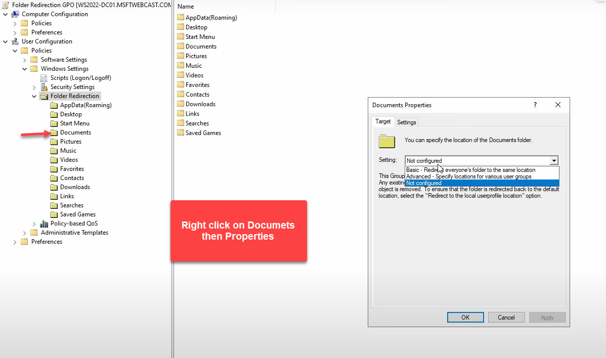 Group Policy Management Editor at User Configuration > Policies > Windows Settings > Folder Redirection > Documents.” /><figcaption>The Folder Redirection node lives under User Configuration > Policies > Windows Settings — not Computer Config.</figcaption></figure>
<figure class=