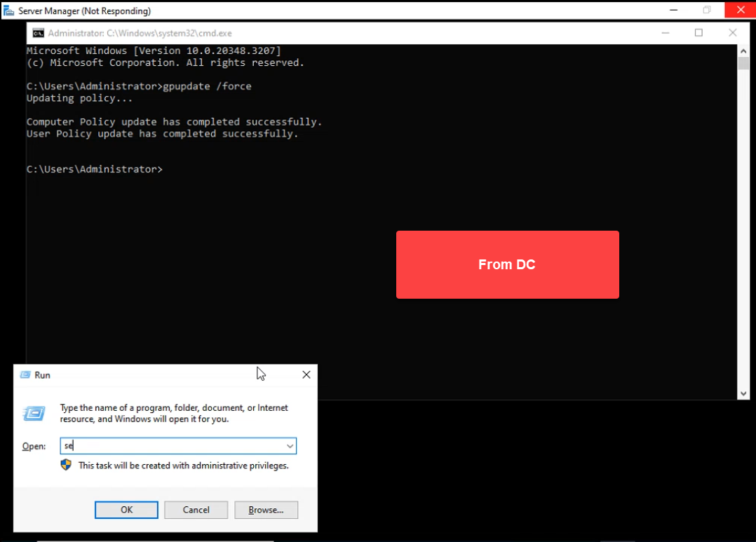 DC command prompt running gpupdate force successfully and a client Run dialog opening services.msc