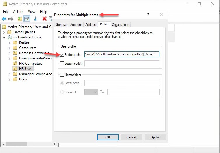 Step 19 of the roaming-profile setup workflow on Windows Server 2022