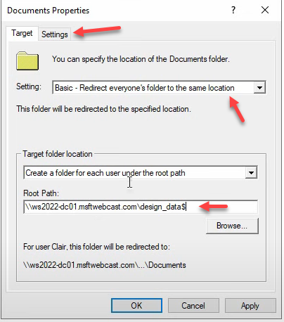 Documents Properties Target tab with Basic redirection and root path.