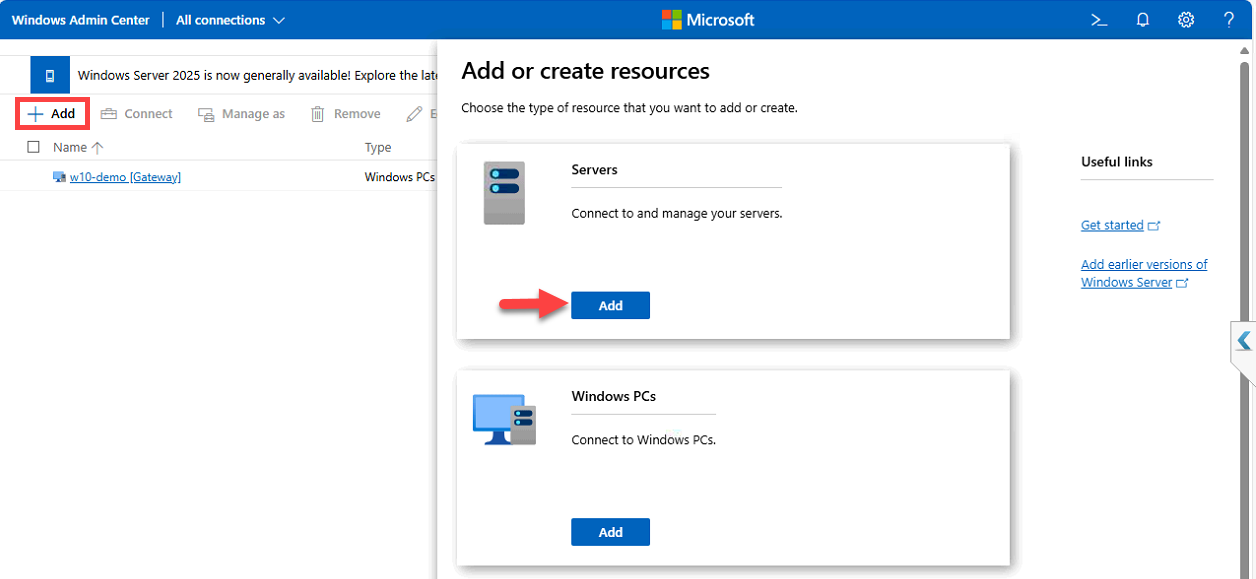 WAC Add Connections panel with Server Connection selected.