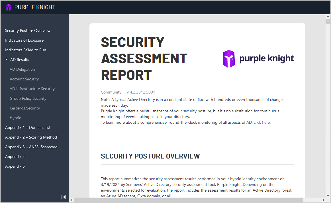 Purple Knight HTML report header and sidebar nav