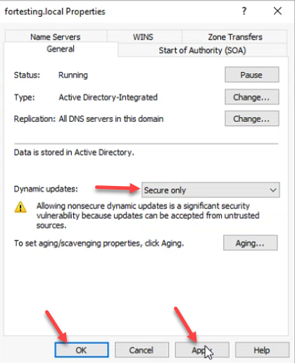 fortesting.local Properties dialog showing Type Active Directory-Integrated and Dynamic updates set to Secure only
