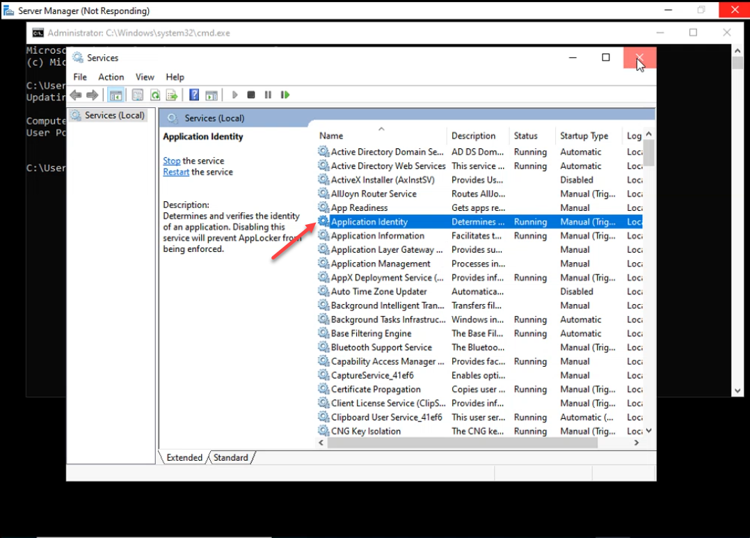 Client Services console showing Application Identity service in Running state with Automatic startup type