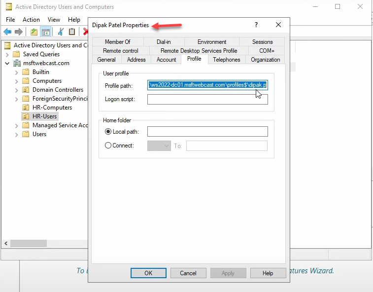 Step 20 of the roaming-profile setup workflow on Windows Server 2022