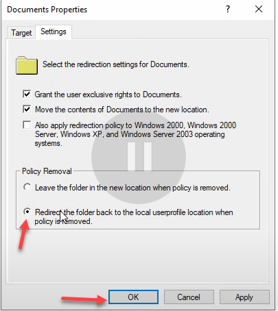 Documents Properties Settings tab with Policy Removal option.