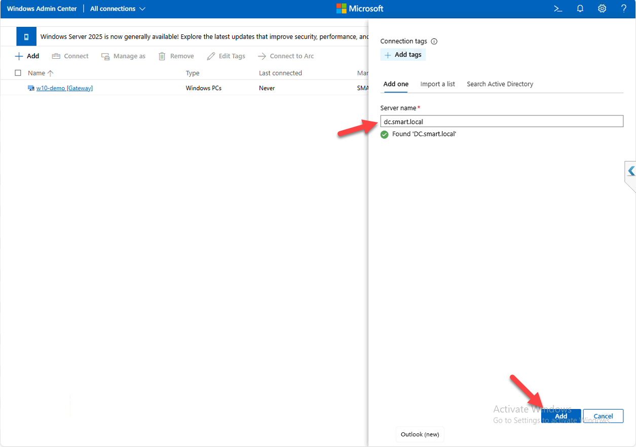 WAC server connection form with DC.smart.local entered.
