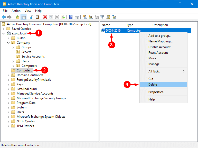 ADUC Computers container with old DC highlighted Delete menu