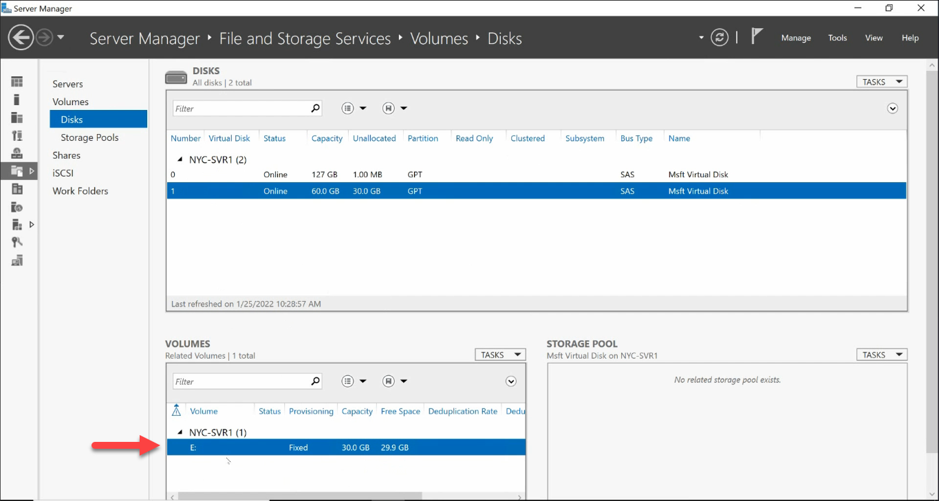 Disks pane showing E 30 GB volume and 30 GB unallocated