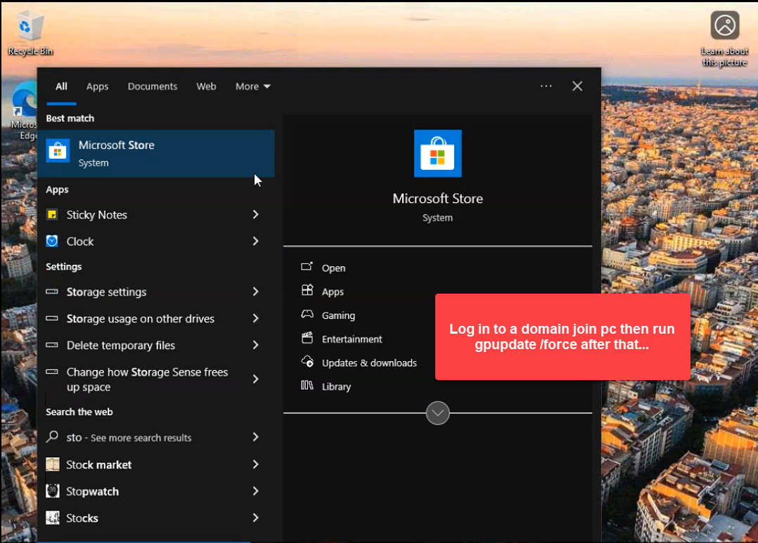 Client Start menu showing the Microsoft Store search result