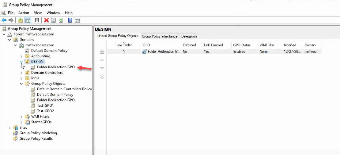 Group Policy Management showing Folder Redirection GPO linked to the Design OU.