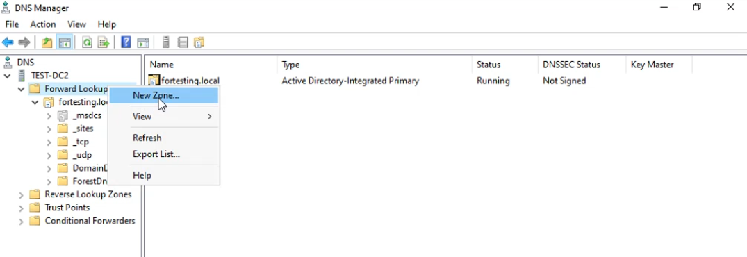 DNS Manager right-click on Forward Lookup Zones with New Zone selected to add the _msdcs zone
