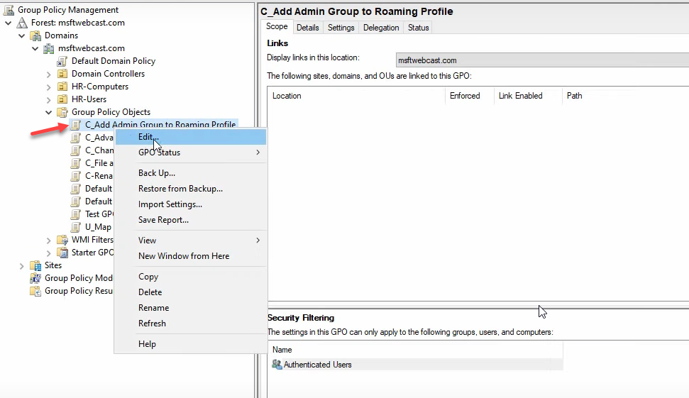 Step 22 of the roaming-profile setup workflow on Windows Server 2022