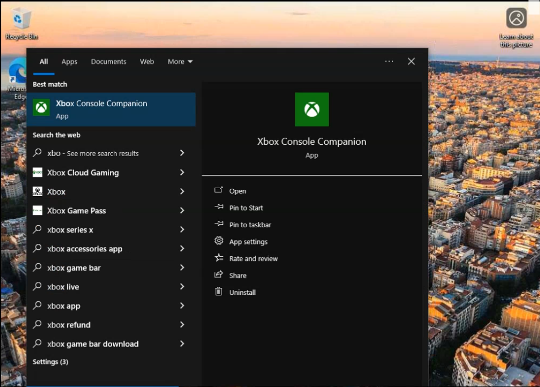 Client Start menu showing the Xbox Console Companion search result