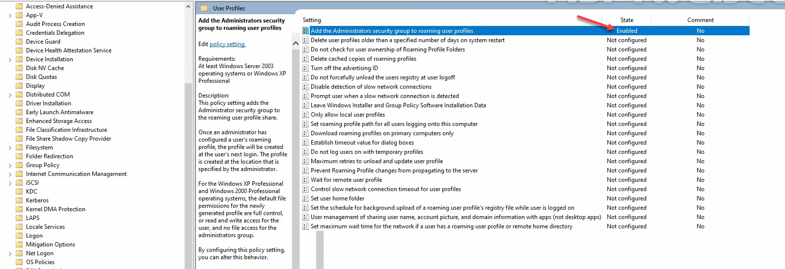 Step 23 of the roaming-profile setup workflow on Windows Server 2022