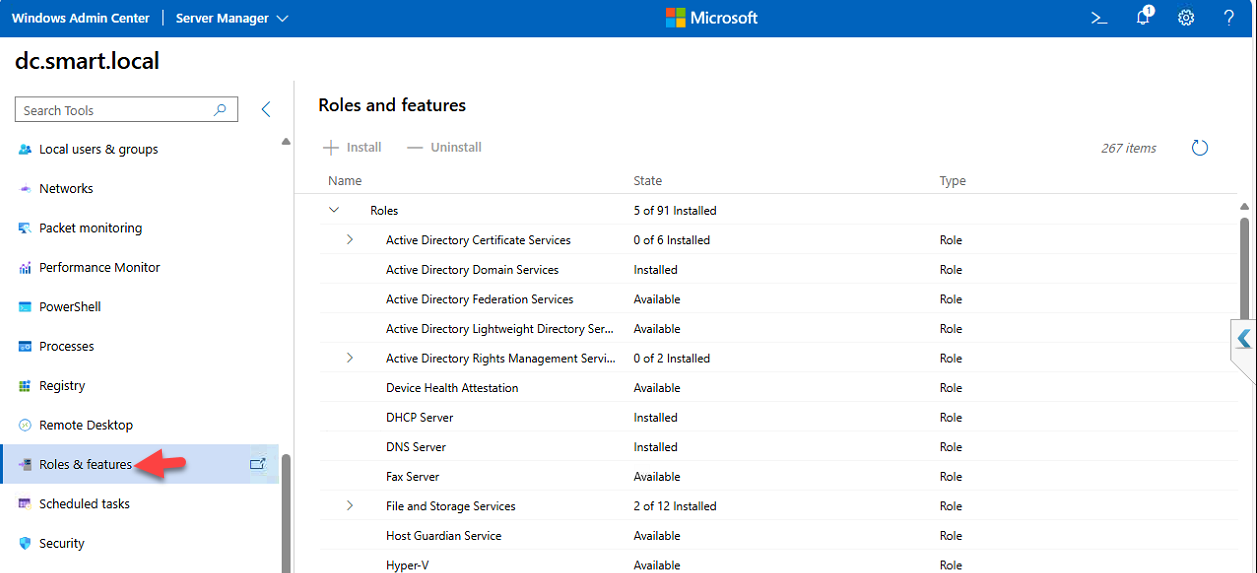 WAC Roles and Features management page.