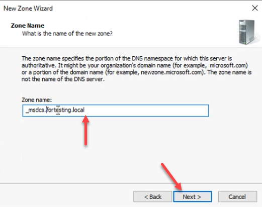 New Zone Wizard Zone Name page with _msdcs.fortesting.local entered