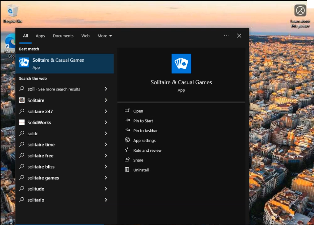 Client Start menu showing the Solitaire and Casual Games search result
