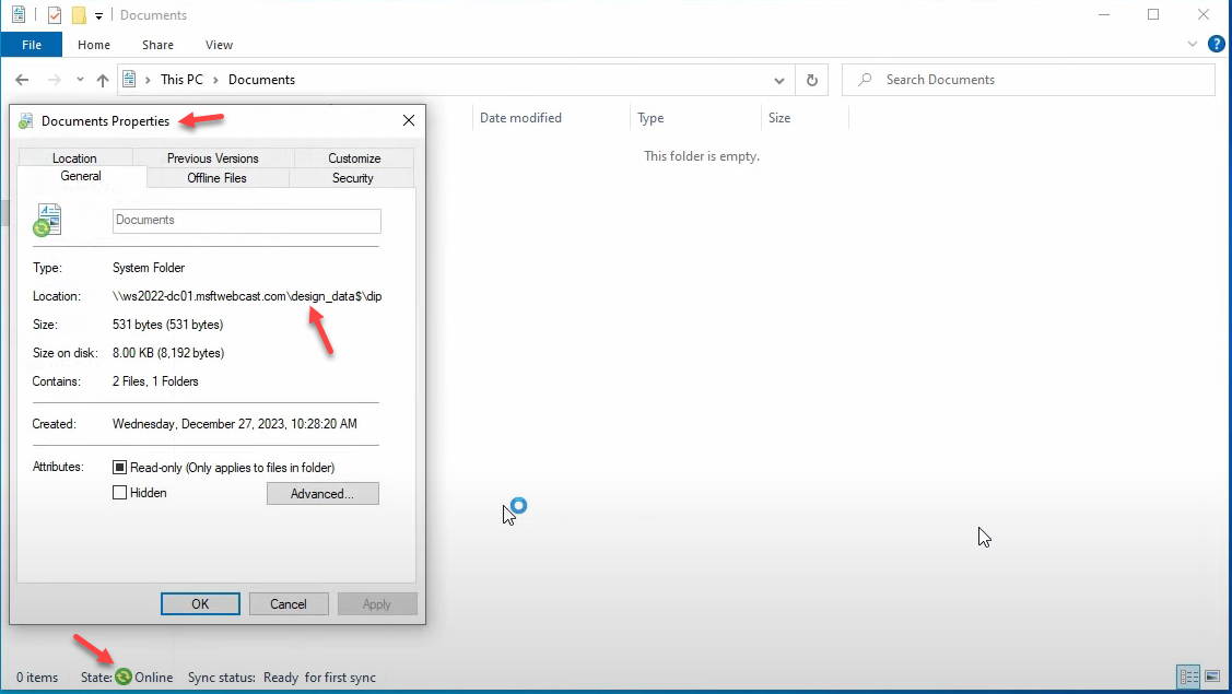 Documents Properties Offline Files tab with Always available offline.