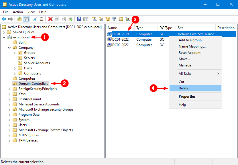 ADUC Domain Controllers OU with offline DC highlighted Delete menu