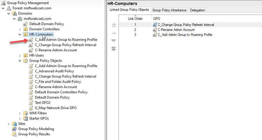 Step 26 of the roaming-profile setup workflow on Windows Server 2022