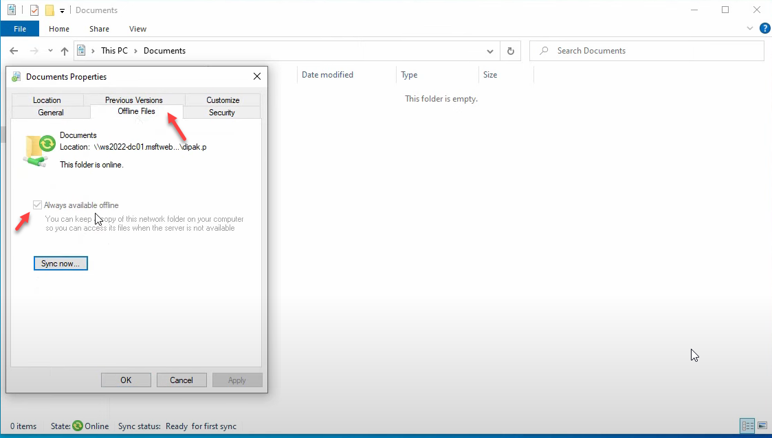 Sync Center showing the redirected folder syncing.