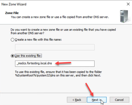 New Zone Wizard Zone File page with Use this existing file selected and _msdcs.fortesting.local.dns entered