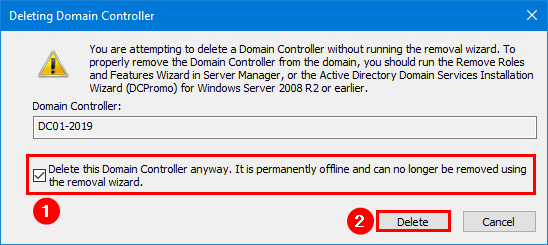 Deleting Domain Controller dialog with offline checkbox