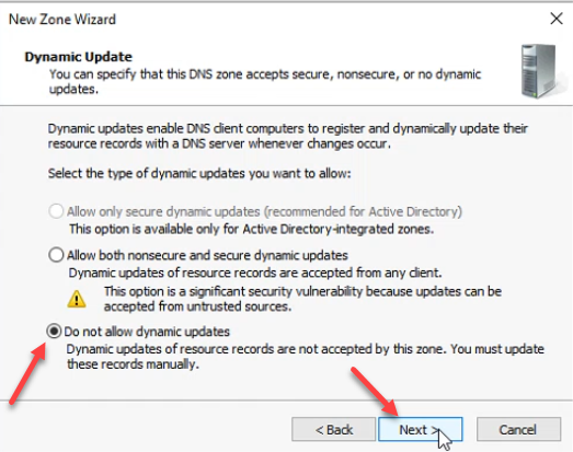 New Zone Wizard Dynamic Update page with Do not allow dynamic updates selected for _msdcs zone