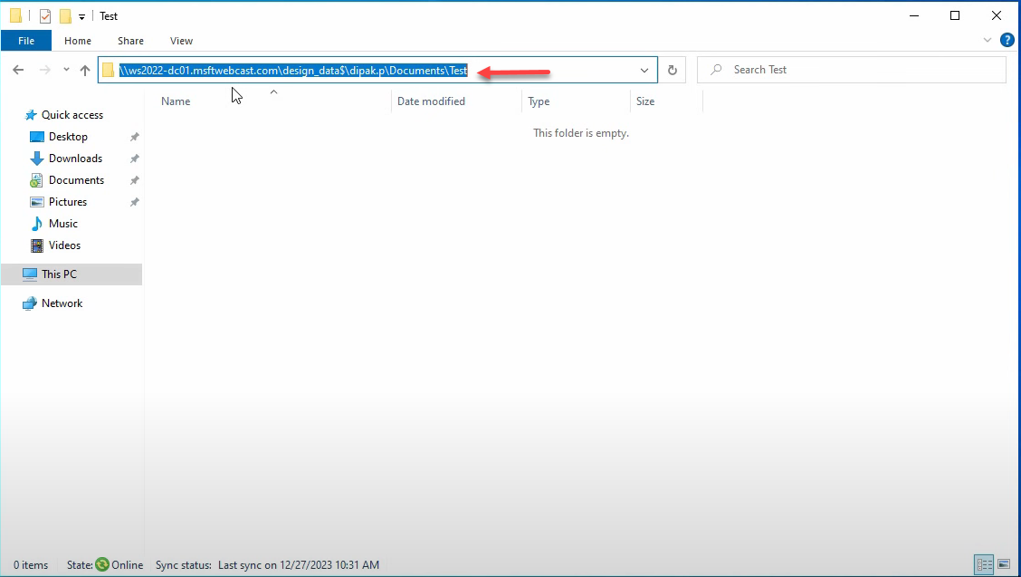 Files visible inside the user redirected Documents folder on the server.