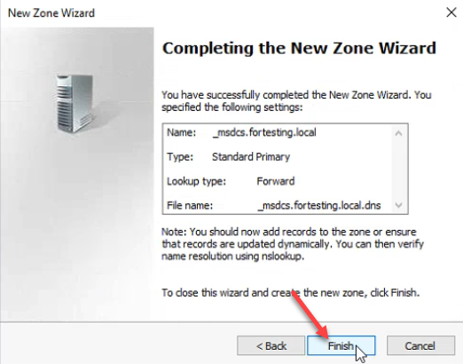 New Zone Wizard completion page summarising the new _msdcs.fortesting.local Standard Primary zone