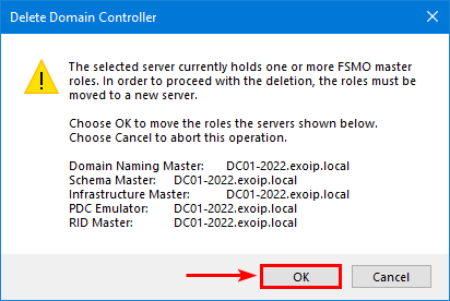 FSMO master roles warning OK button