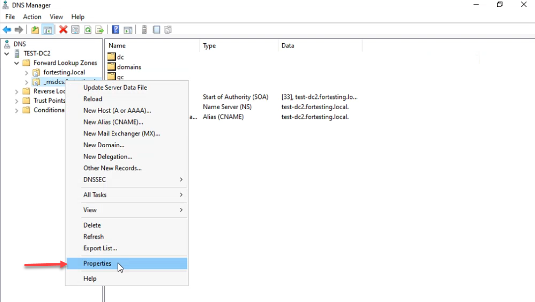 DNS Manager right-click context menu on _msdcs.fortesting.local with Properties option