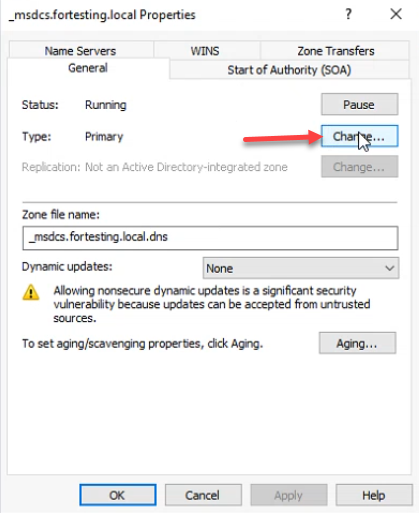 _msdcs.fortesting.local Properties dialog showing Type Primary with Change button highlighted